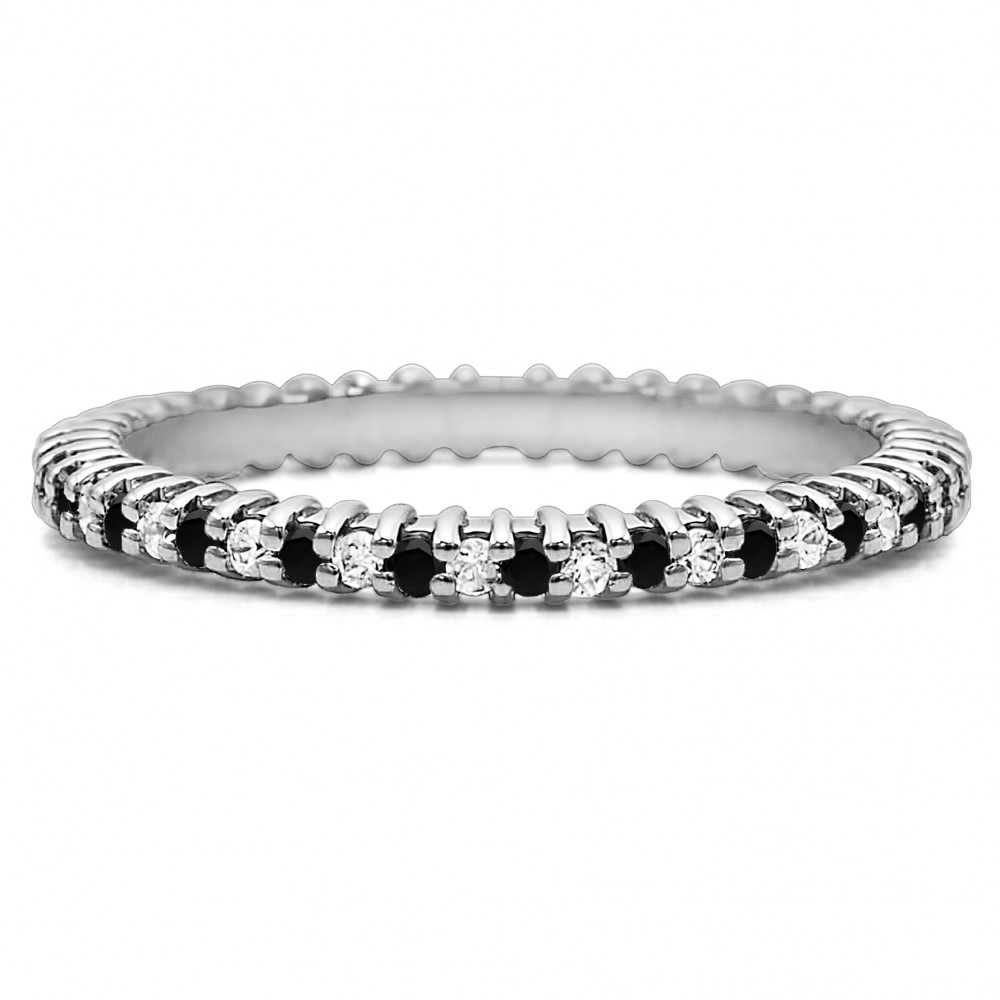 Black and White Stone Stackable 1.3mm Double Shared Prong Eternity Ring