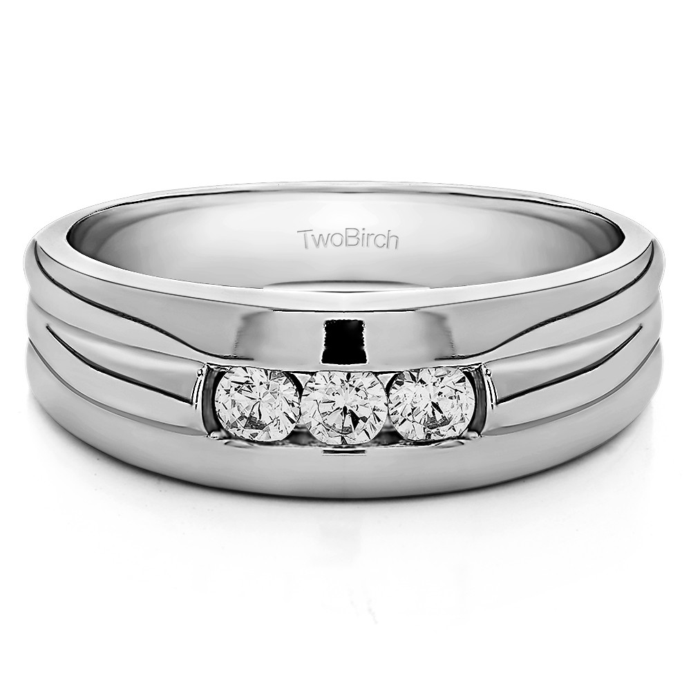 0.3 Ct. Three Stone Channel Set Men's Ring with Ribbed Shank