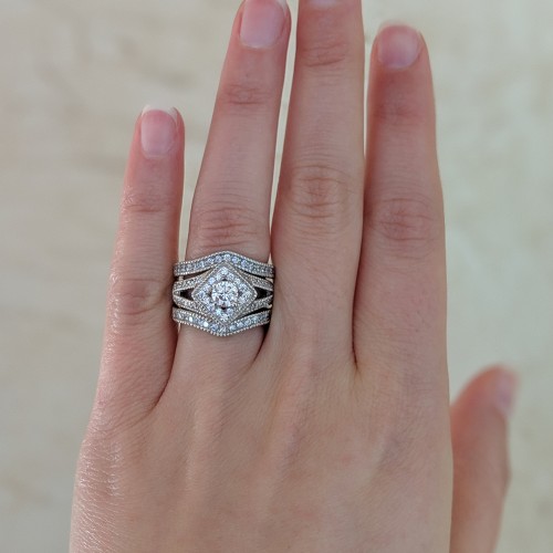 Vintage Halo Engagement Ring and Ring Guard Set, 2 Pieces (Ring Guard and Halo Engagement Ring)
