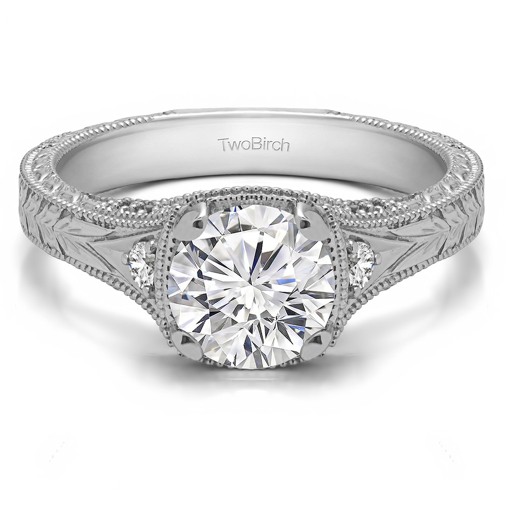 1 Ct. Round Vintage Three Stone Engagement Ring with Engraved Shank