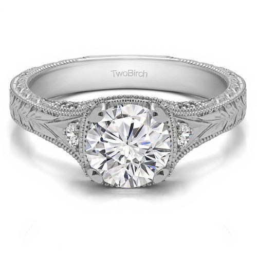 1 Ct. Round Vintage Three Stone Engagement Ring with Engraved Shank