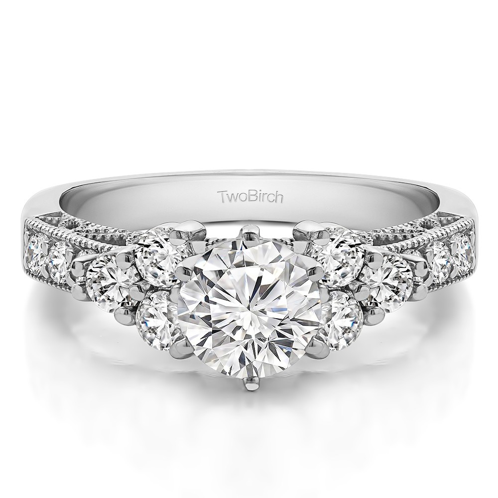 1 Carat Round Three Stone Cluster Engagement Ring with Filigree