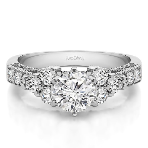 1 Carat Round Three Stone Cluster Engagement Ring with Filigree