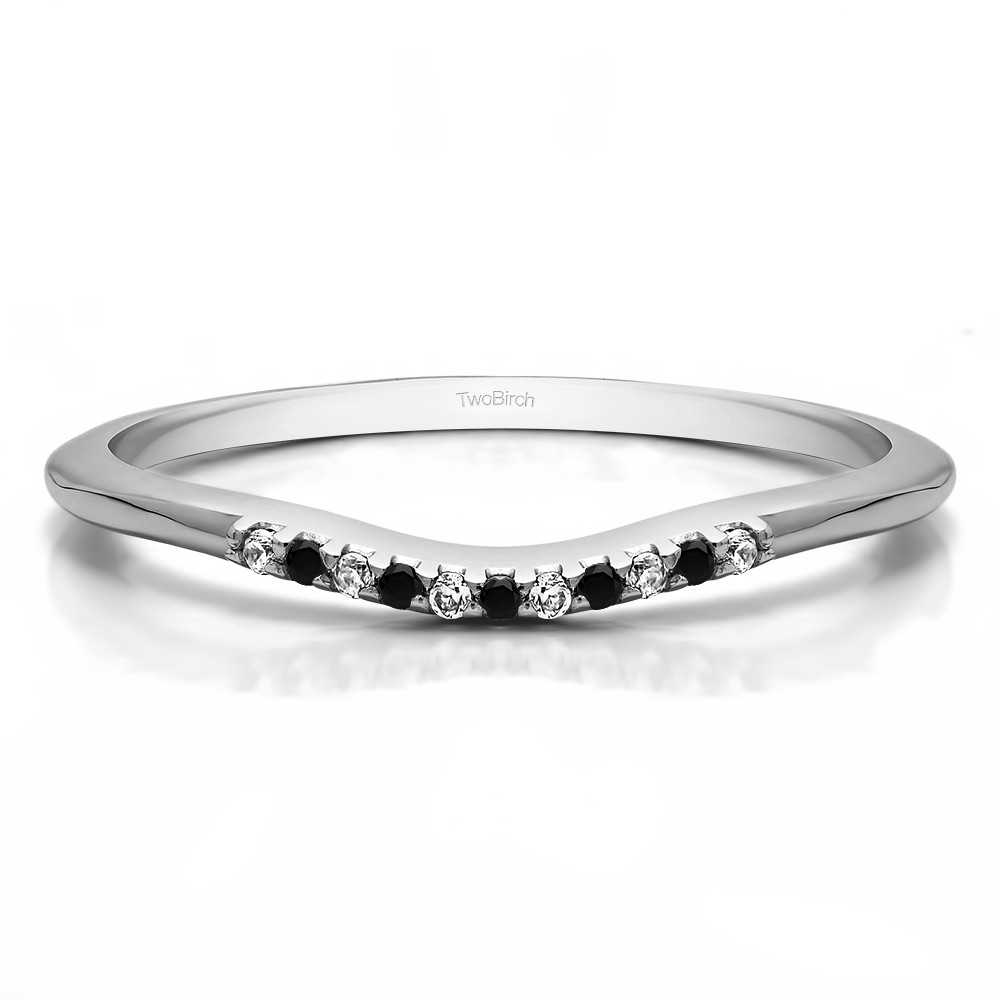 0.06 Ct. Black and White Thin Eleven Stone Shared Prong Curved Ring