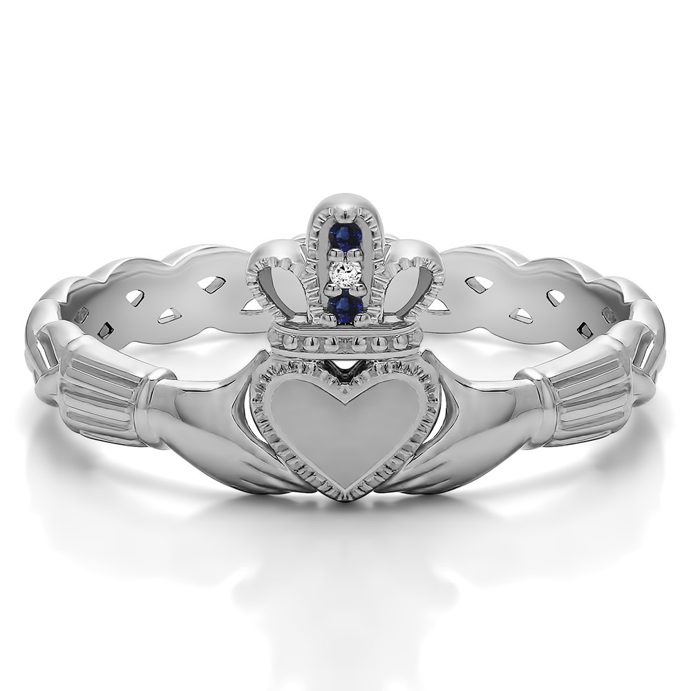 0.02 Carat Sapphire and Diamond Celtic Claddagh Wedding Ring