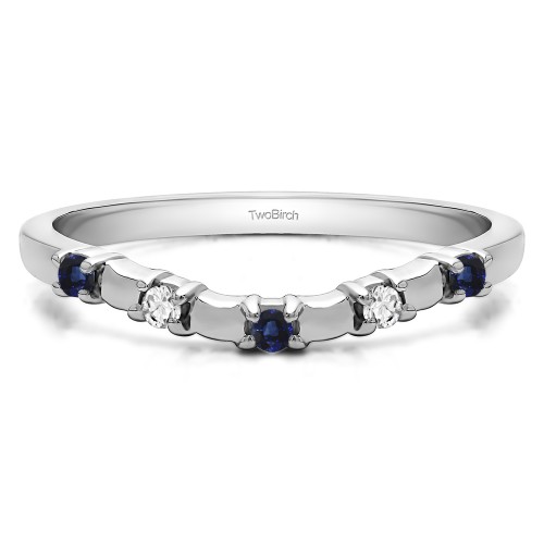 0.1 Ct. Sapphire and Diamond Five Stone Wide Bar Set Curved Contour Ring