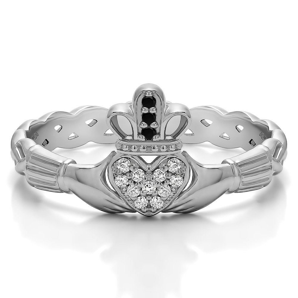 0.07 Carat Black and White Celtic Claddagh Wedding Ring with Pave Heart