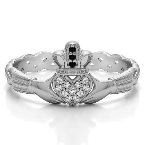 0.07 Carat Black and White Celtic Claddagh Wedding Ring with Pave Heart