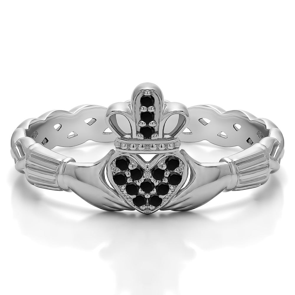 0.07 Carat Black Celtic Claddagh Wedding Ring with Pave Heart