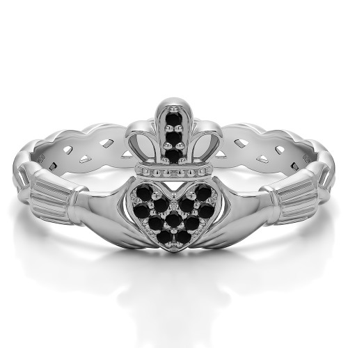 0.07 Carat Black Celtic Claddagh Wedding Ring with Pave Heart