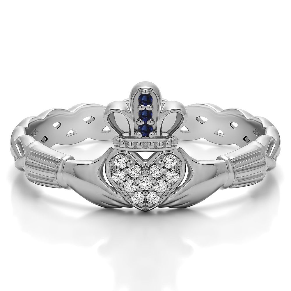 0.07 Carat Sapphire and Diamond Celtic Claddagh Wedding Ring with Pave Heart