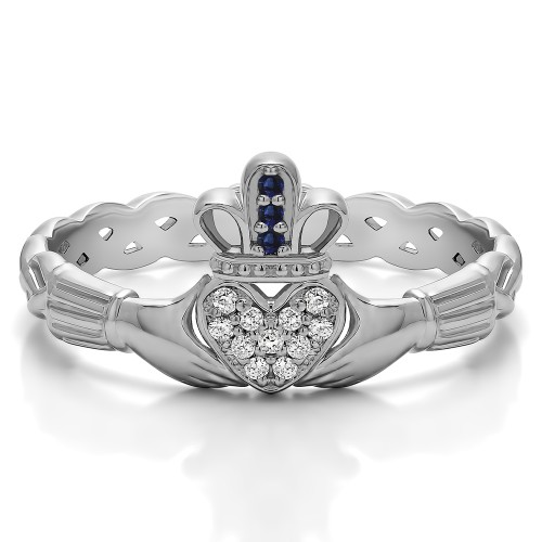 0.07 Carat Sapphire and Diamond Celtic Claddagh Wedding Ring with Pave Heart