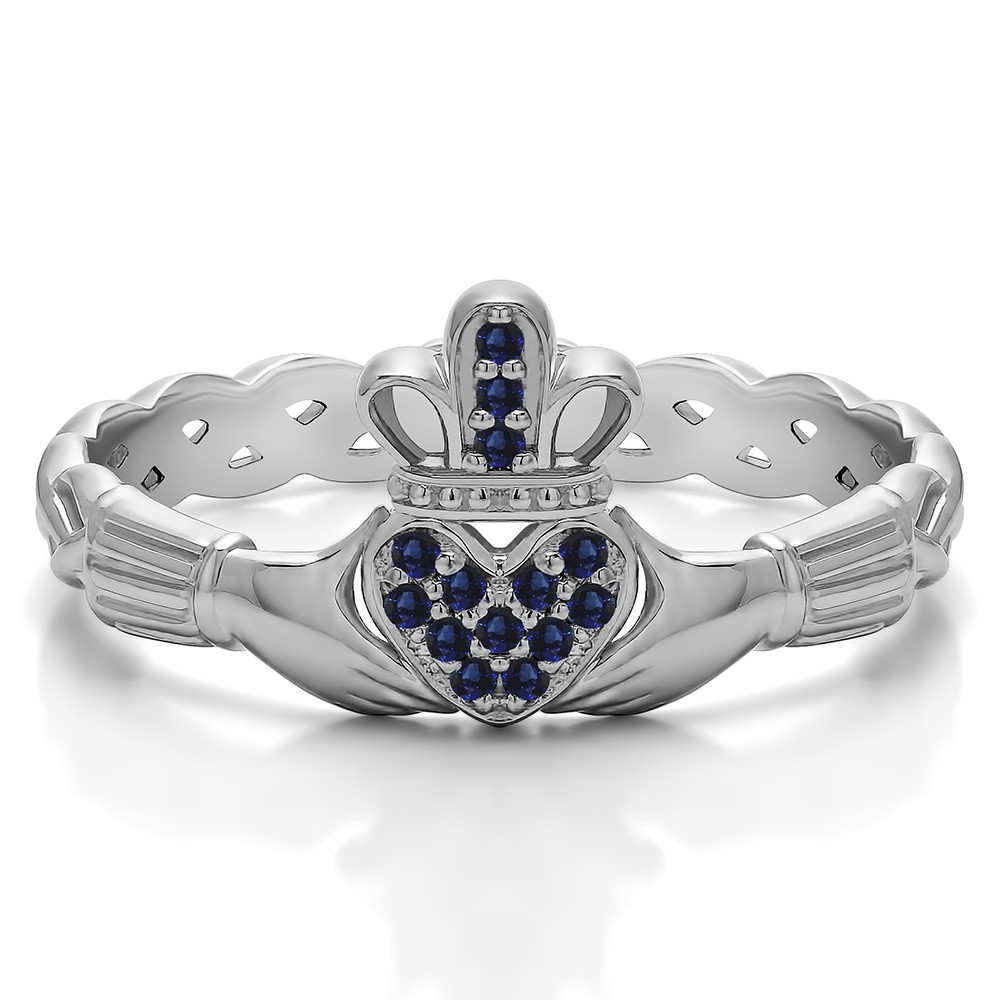 0.07 Carat Sapphire Celtic Claddagh Wedding Ring with Pave Heart