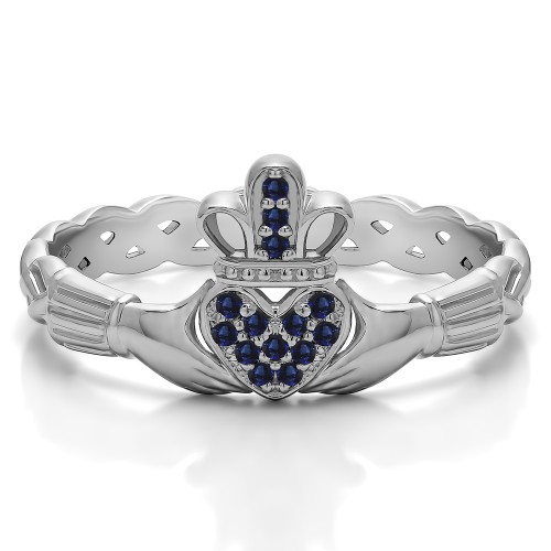 0.07 Carat Sapphire Celtic Claddagh Wedding Ring with Pave Heart